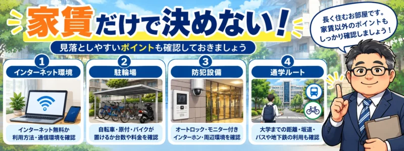 賃貸物件を選ぶ際に家賃以外で確認したいインターネット環境・駐輪場・防犯設備・通学ルートの図解
