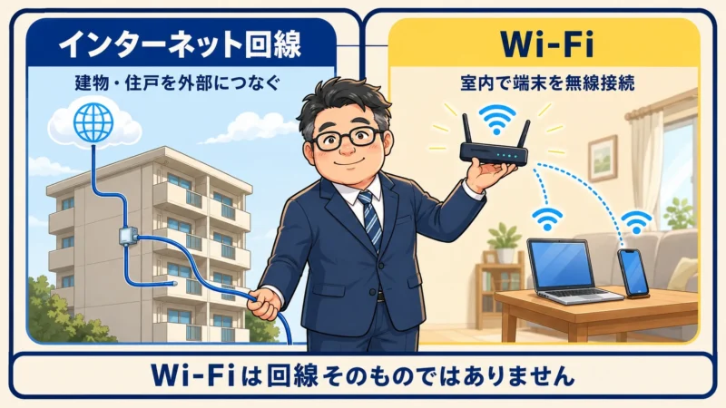 建物までのインターネット回線と室内で端末をつなぐWi-Fiの違い