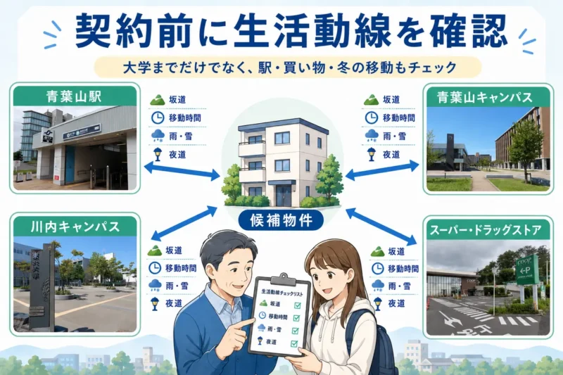 青葉山・八木山で部屋を契約する前に駅、大学、スーパーまでの経路を確認するチェック図