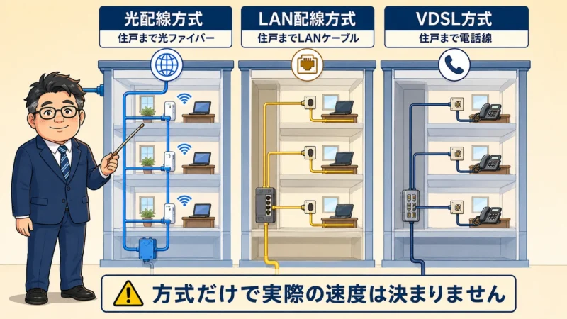 集合住宅の光配線方式、LAN配線方式、VDSL方式を建物断面で比較