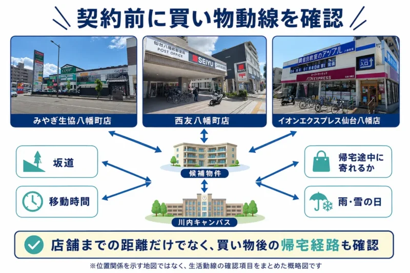 みやぎ生協八幡町店、西友八幡町店、イオンエクスプレス仙台八幡店の写真と、候補物件・川内キャンパスを結び、坂道や移動時間、帰宅途中に立ち寄れるか、雨雪の日の移動を確認する概略図