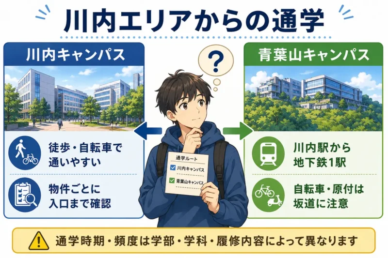 川内エリアから川内キャンパスと青葉山キャンパスへ通学する方法を比較した図