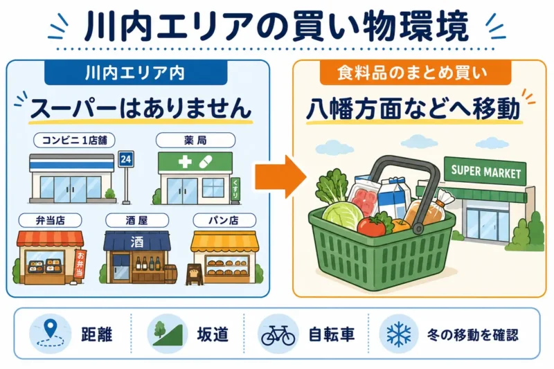 川内エリア内にスーパーはなく食料品のまとめ買いには八幡方面などへ移動することを示した図