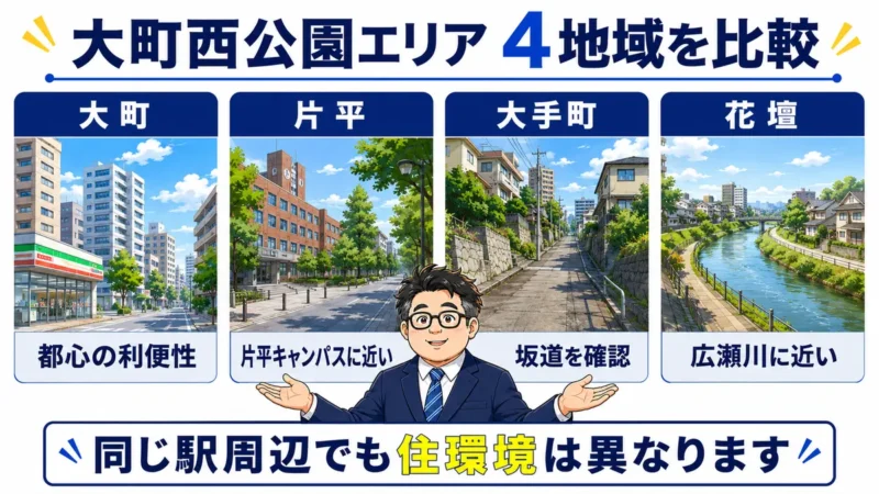 大町・片平・大手町・花壇の街並みと住環境の違いを比較したイラスト