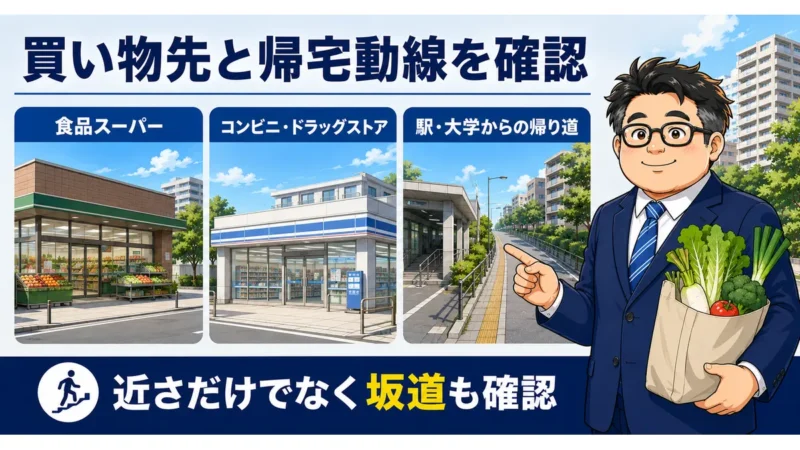 大町西公園周辺で食品スーパー・コンビニ・ドラッグストアと帰宅動線を確認するイラスト