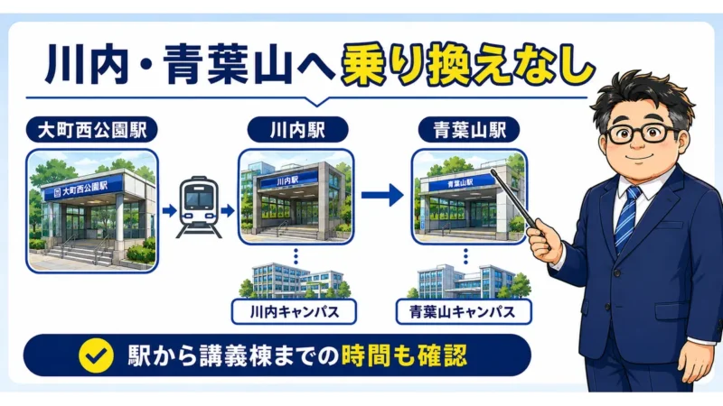 大町西公園駅から川内駅・青葉山駅へ地下鉄東西線で乗り換えなしで通学できることを示す図