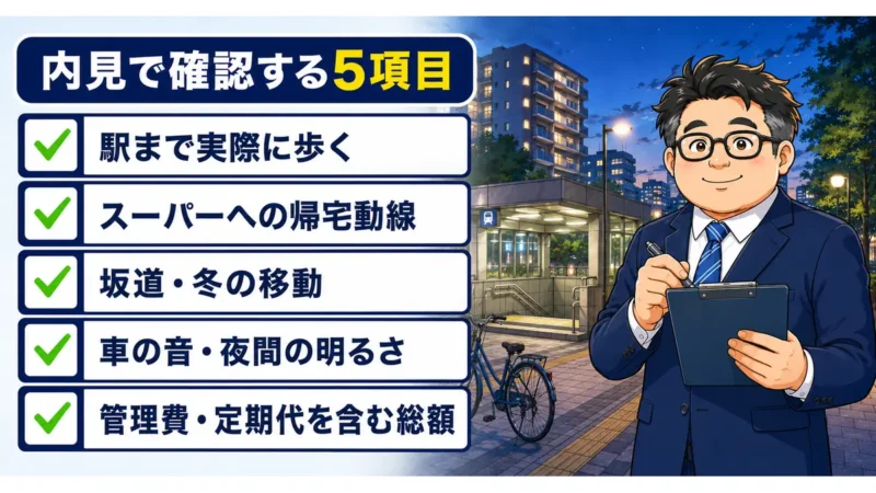 駅・スーパー・坂道・車の音・夜間の明るさ・毎月の総額を確認する内見チェックリスト
