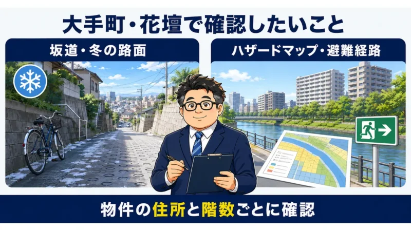 大手町・花壇で坂道・冬の路面・ハザードマップ・避難経路を確認するイラスト