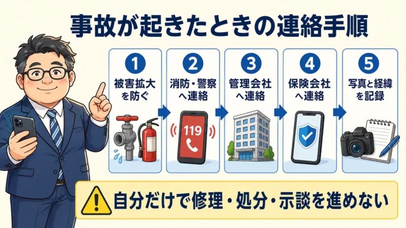 賃貸住宅で事故が起きたときに被害拡大を防ぎ、消防・警察、管理会社、保険会社へ連絡して写真と経緯を記録する手順