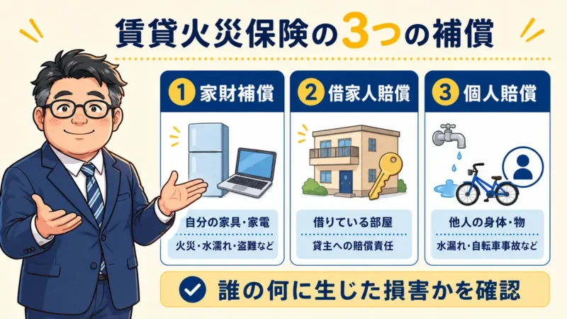 賃貸火災保険の家財補償・借家人賠償・個人賠償について、守る対象と事故例を比較した図