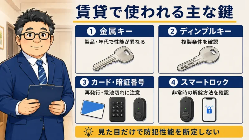 賃貸で使われる金属キー、ディンプルキー、カード・暗証番号、スマートロックの比較