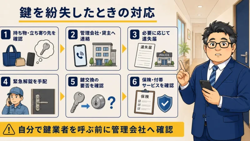 賃貸の鍵を紛失したときに管理会社への連絡から保険確認まで行う手順