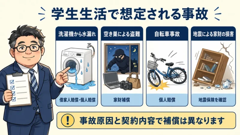 洗濯機の水漏れ、空き巣、自転車事故、地震による家財損害と確認する補償を示した図