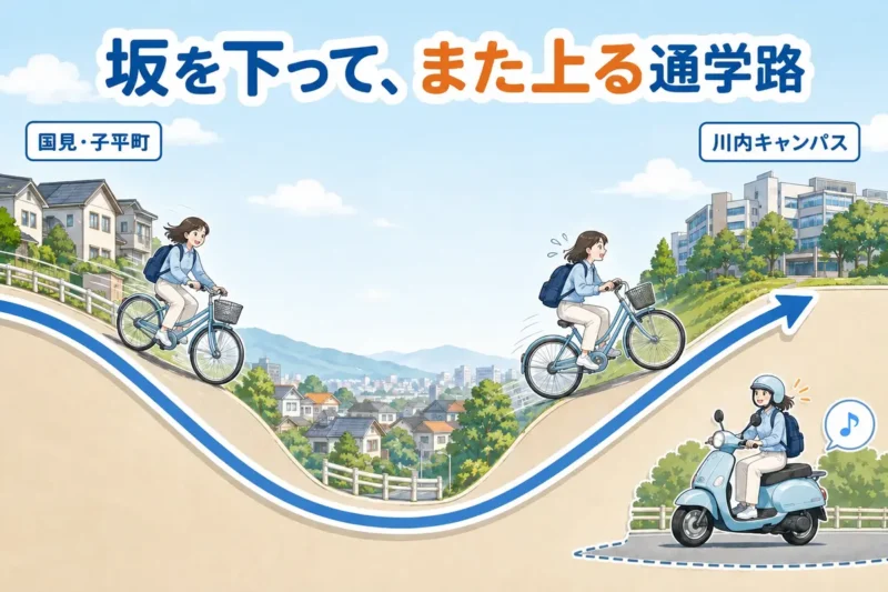 国見・子平町から川内キャンパスへ自転車で通う際に坂を下って再び上る経路を示したイラスト
