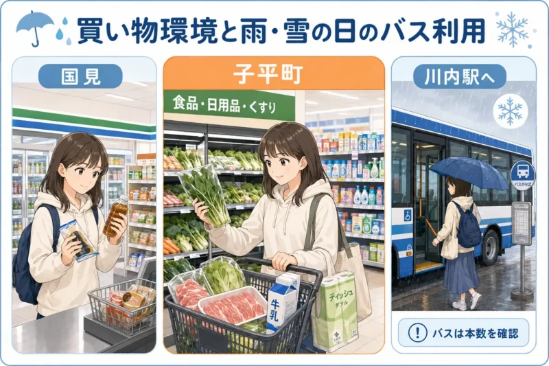 国見のコンビニ、子平町での食料品の買い物、雨や雪の日の川内駅行きバスを表したイラスト