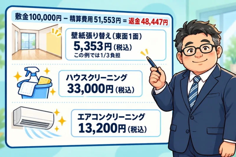 敷金10万円からクリーニング費用33,000円、エアコンクリーニング費用13,200円、壁紙負担分5,353円を差し引き、返金額48,447円になる計算例