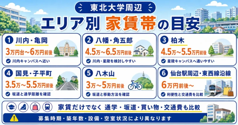 東北大学周辺の川内・亀岡、八幡・角五郎、柏木、国見・子平町、八木山、地下鉄沿線の家賃帯比較