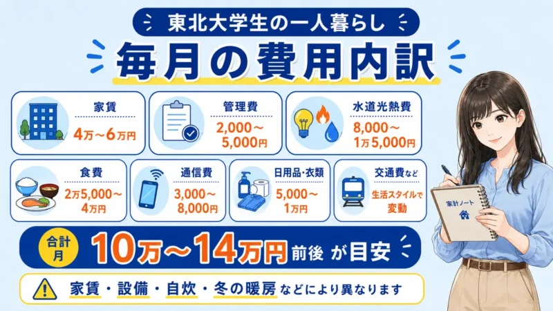 東北大学生の一人暮らしに必要な家賃・管理費・水道光熱費・食費・通信費など毎月の費用内訳