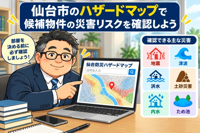 仙台防災ハザードマップで候補物件周辺の災害リスクを確認するイメージ