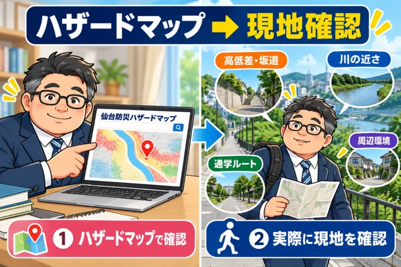 ハザードマップを確認したあと現地で高低差や坂道、川、通学ルートを確認するイメージ