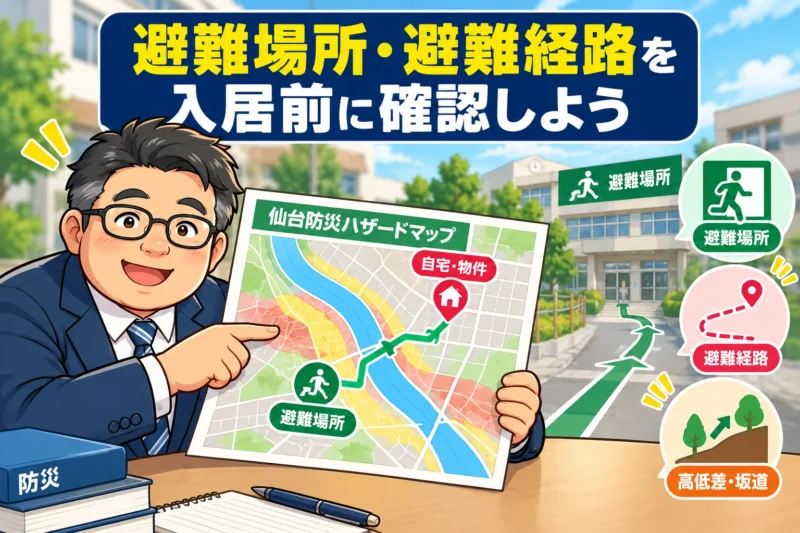 入居前に避難場所と避難経路を確認するイメージ
