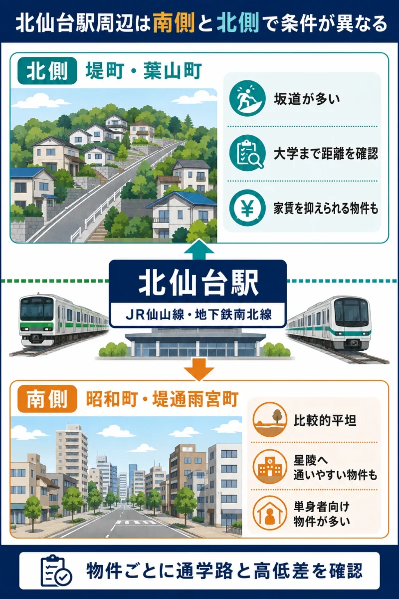 北仙台駅南側の昭和町・堤通雨宮町、北側の堤町・葉山町と東北大学星陵・川内キャンパスの位置関係