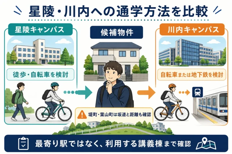 昭和町・堤通雨宮町と堤町・葉山町から星陵・川内キャンパスへ通う方法の比較