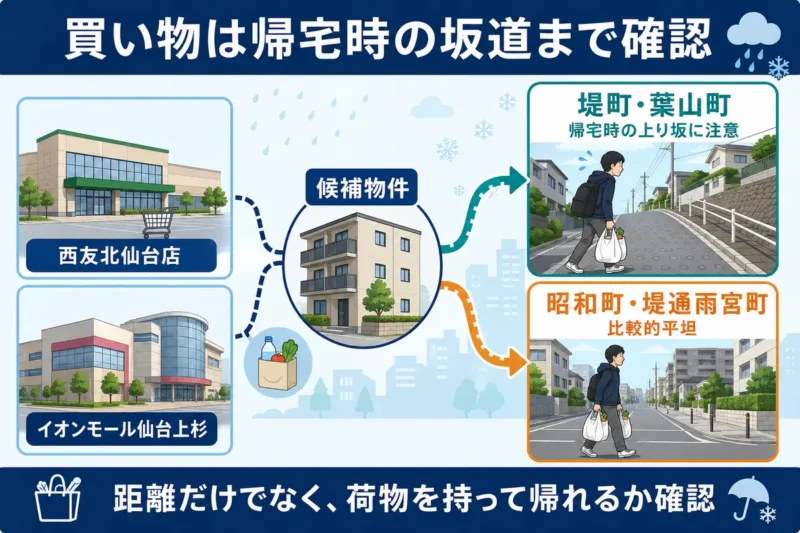 昭和町・堤通雨宮町と堤町・葉山町から利用する西友北仙台店とイオンモール仙台上杉