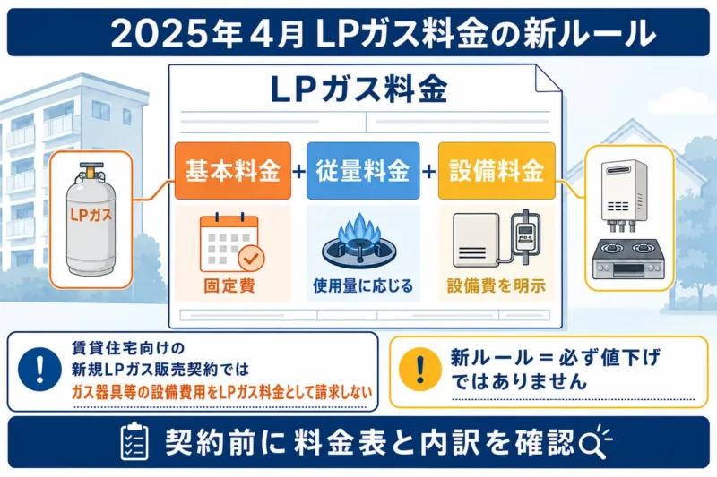 2025年4月のLPガス料金新ルールと基本料金・従量料金・設備料金の区分を説明した図