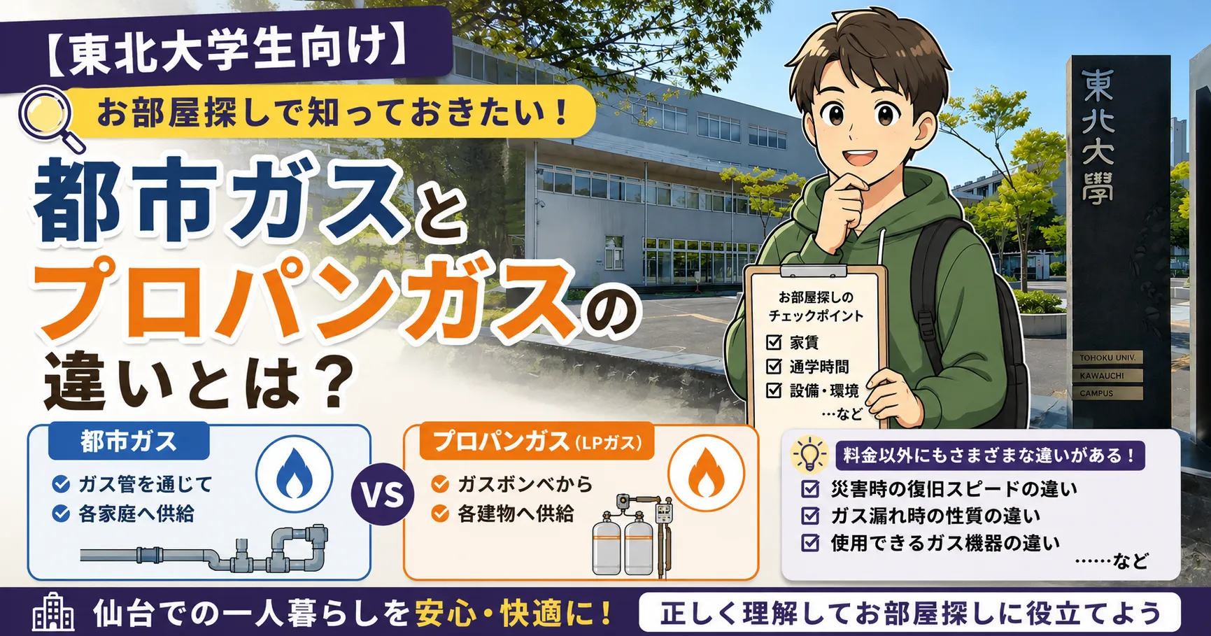 【東北大学生向け】お部屋探しで知っておきたい！都市ガスとプロパンガスの違いとは？