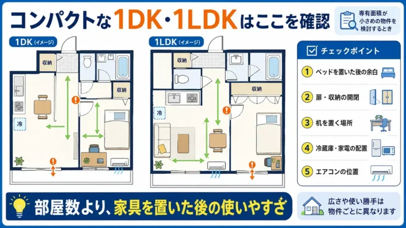 コンパクトな1DK・1LDKでベッド・机・冷蔵庫・扉・収納・エアコンの位置を確認するポイント図