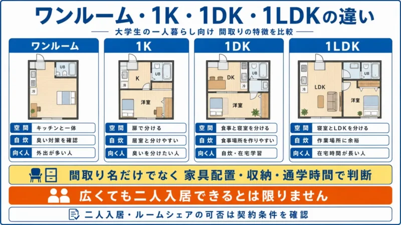 ワンルーム・1K・1DK・1LDKの違いと、二人入居やルームシェアは契約条件の確認が必要であることを示した比較図