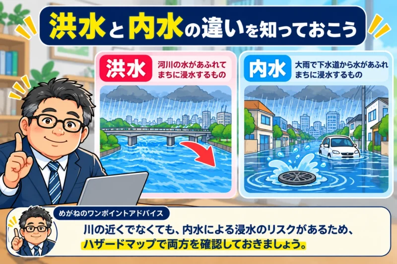 洪水と内水の違いをイラストで比較した図