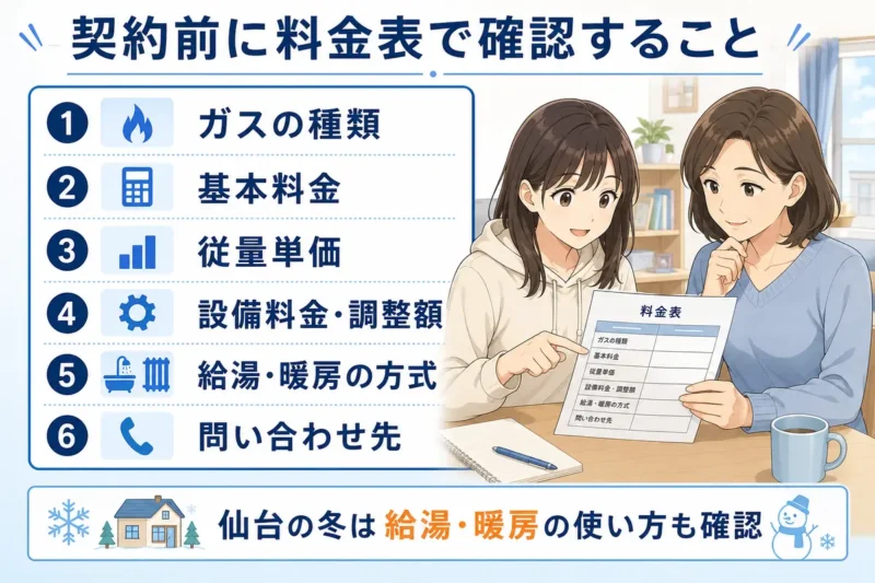 賃貸契約前にガスの種類・基本料金・従量単価・設備料金・給湯暖房方式・問い合わせ先を確認する学生と保護者