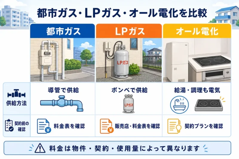 都市ガス・LPガス・オール電化の供給方法と契約前の確認事項を比較した図