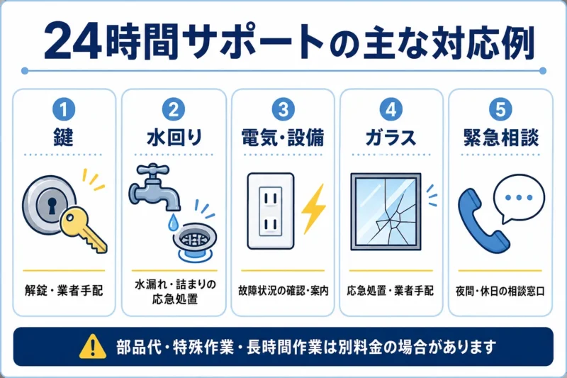 24時間サポートが対応する鍵、水回り、電気設備、ガラス、緊急相談の代表例を示した図