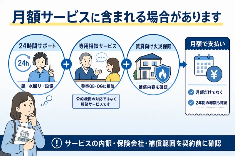 24時間サポート、警察OB・OGによる専用相談、賃貸向け火災保険を含む月額サービスの図
