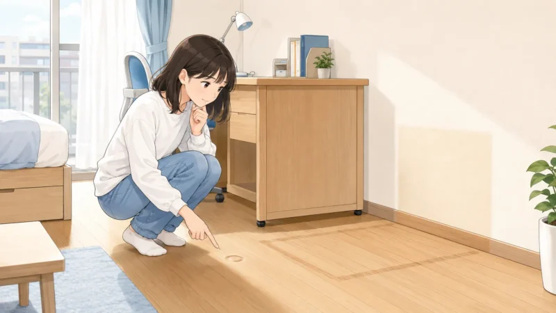 家具を動かして床や壁を確認する学生のイラスト