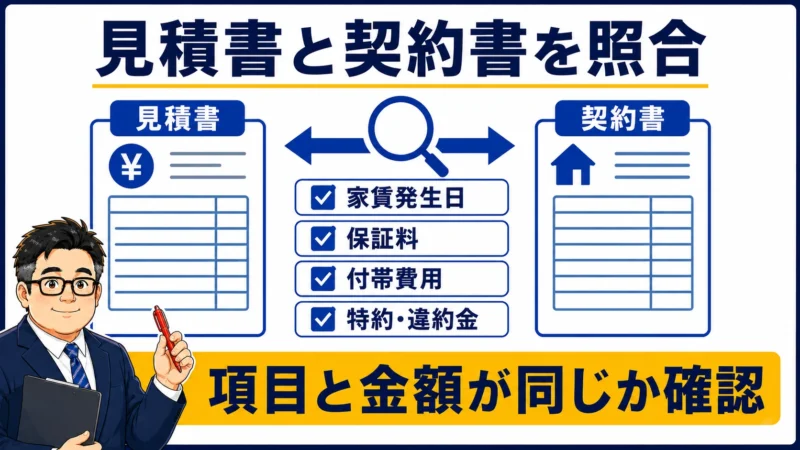 見積書と契約書で家賃発生日・保証料・付帯費用・特約を照合する図