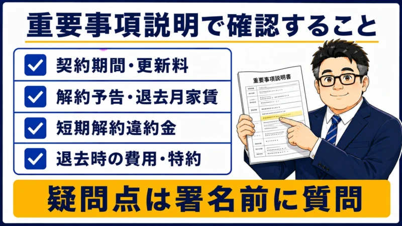 重要事項説明で契約期間・解約予告・違約金・退去時費用を確認する図