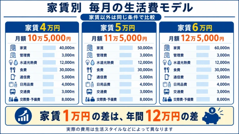 家賃4万円なら月額11万1千円、5万円なら12万1千円、6万円なら13万1千円となる東北大学生の生活費モデル　