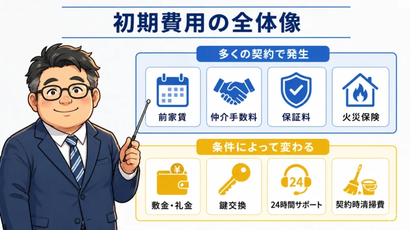 賃貸契約の初期費用を多くの契約で発生する費用と条件によって変わる費用に分類した図