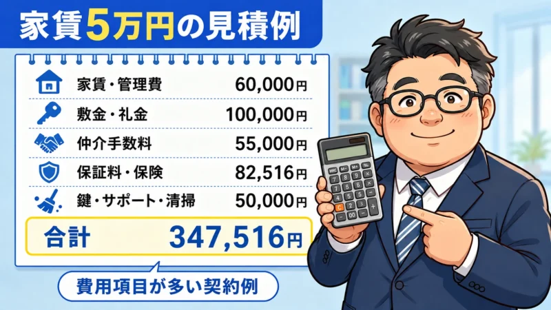 家賃5万円の賃貸物件で初期費用が34万7516円になる見積例