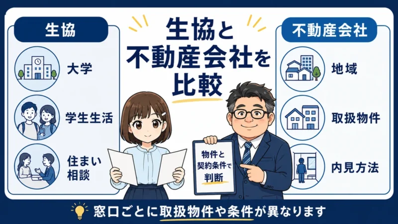 東北大学生協と一般の不動産会社で取扱物件や相談内容が異なることを比較する図
