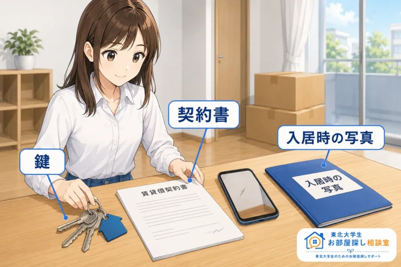 退去立会いに備えて鍵と賃貸借契約書と入居時の写真を準備する女子学生