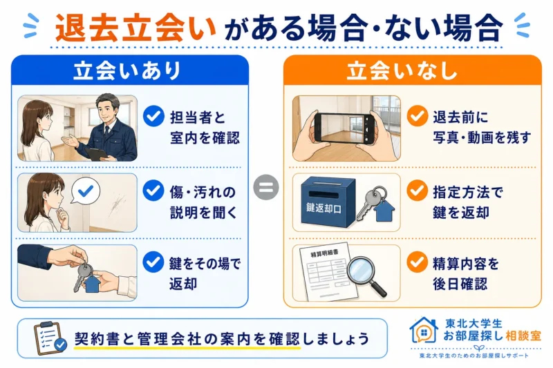 退去立会いがある場合とない場合の対応の違いを比較した図