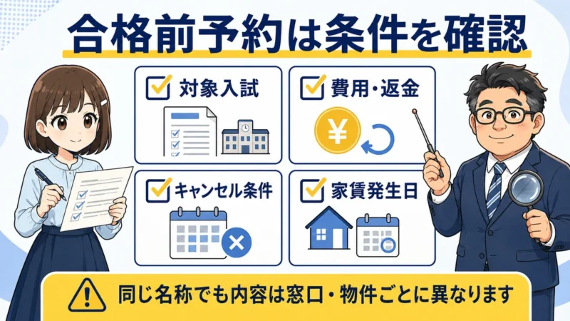 合格前予約で対象入試、費用と返金、キャンセル条件、家賃発生日を確認する図