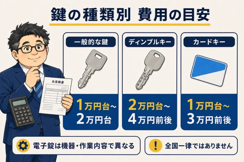 一般的な鍵は1万円台から2万円台、ディンプルキーは2万円台から4万円前後、カードキーは1万円台から3万円前後という費用目安