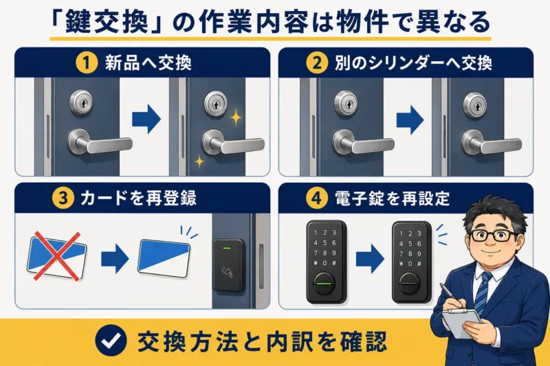 新品交換、別のシリンダーへの交換、カード再登録、電子錠再設定という鍵交換の作業例
