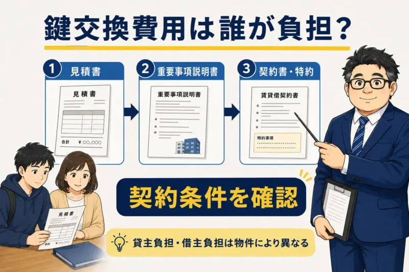 見積書、重要事項説明書、契約書と特約の順に鍵交換費用の負担条件を確認する流れ